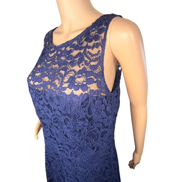 Davids Bridal Womens Short Sleeveless Illusion Lace Dress Size 12 Navy Blue Form - Picture 8 of 10